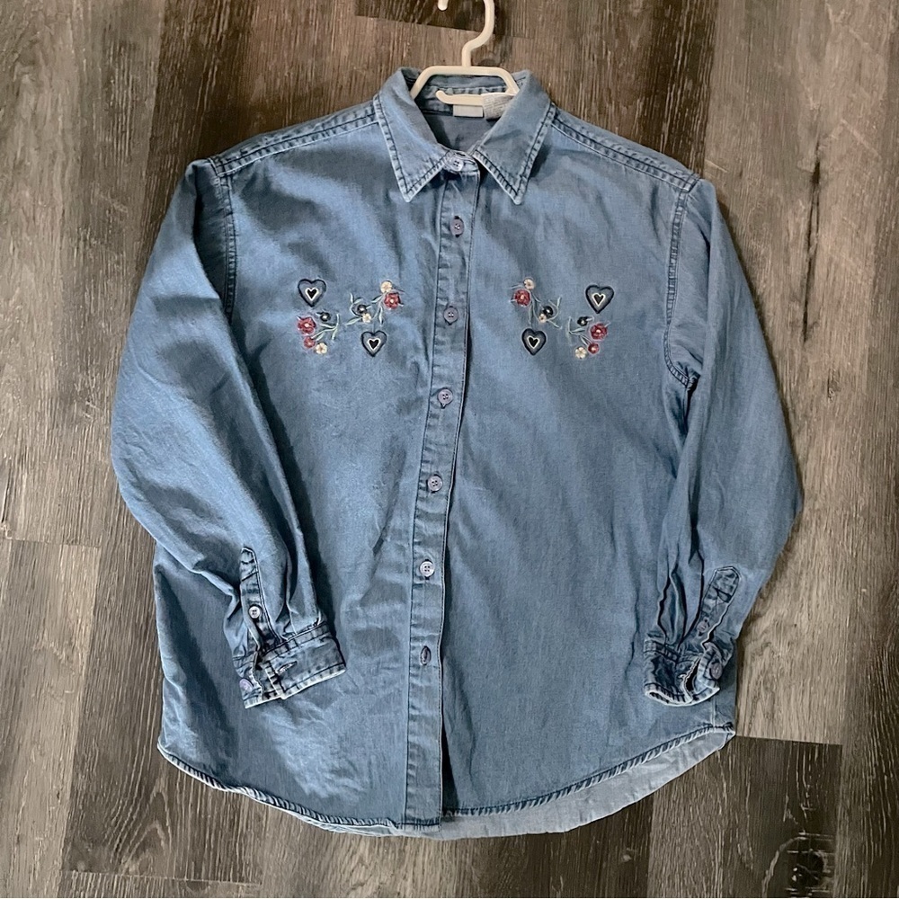 Vintage denim embroidered Heart floral western Cottagecore button down size s   - Picture 2 of 9